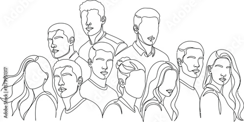 Continuous line drawing of group of people teamwork concept minimal art portrait vector illustration design
