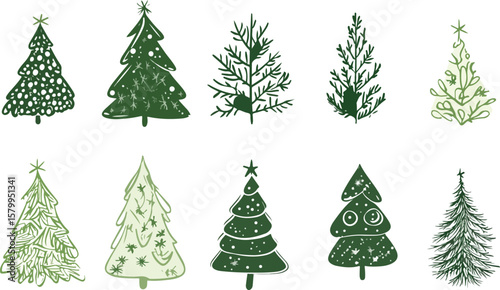 Hand Drawn Christmas Tree Seamless Pattern in Green Tones on White Background