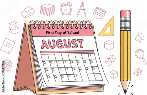 August calendar with school supplies and first day of school reminder
