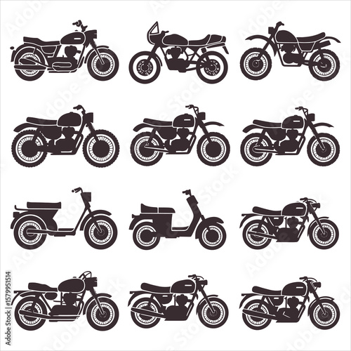 Diverse motorcycle silhouettes with vintage and modern styles motorbike scooter