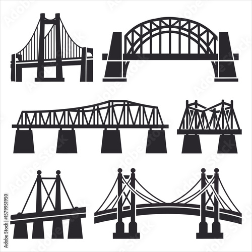 Various bridge designs in silhouette suspension bridge arch bridge