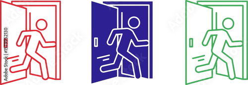 Emergency exit door vector icon set evacuation route sign escape plan symbol