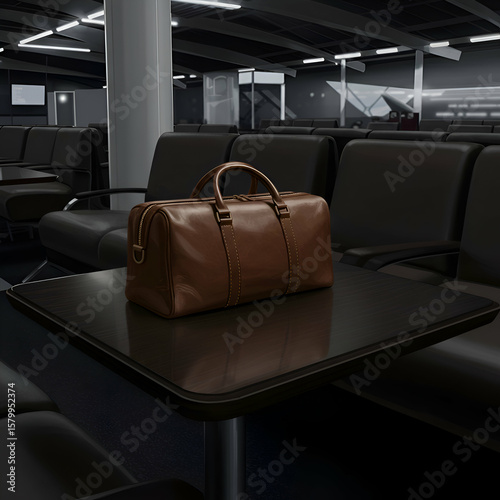 Brown leather duffel bag rests on a dark table in an airport waiting area. Business traveler's essential item in a modern airport setting.