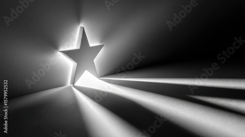 Star shaped light shining through cutout in dark wall casting long shadows on floor creating dramatic and inspiring atmosphere