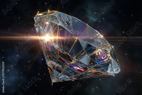 A single radiant crystal floating in darkness, emitting dazzling light beams in every direction