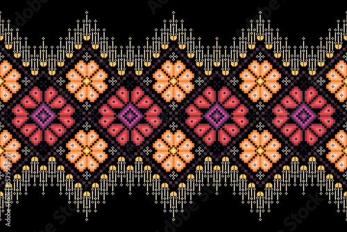 Vibrant ethnic pixel border pattern with warm amber, deep magenta,purple. Features geometric floral motifs. Ideal for tribal-inspired garment trims, decorative accents,cultural textile designs,fabric 