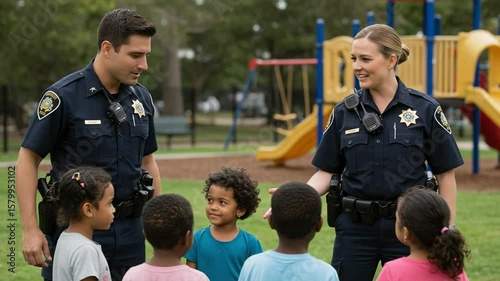 Community policing in action. Two friendly police officers, a man and a woman, talking with a group of diverse young children in a park.