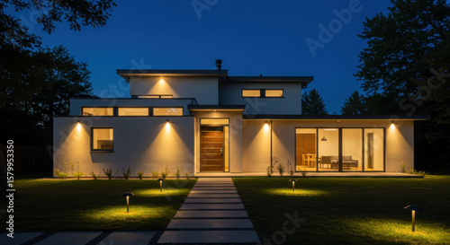 Modern home exterior night scene