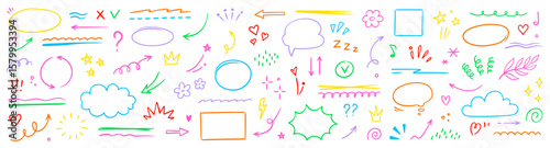 Line arrow icon element set. Hand drawn sketch star, heart marker pen stroke circle, scribble highlight underline elements. Colorful brush emphasis pencil swoosh, flower set. Vector illustration