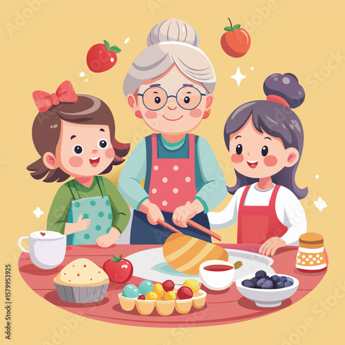 Cartoon vector illustration of mother and daughter baking and eating cookies in the kitchen
