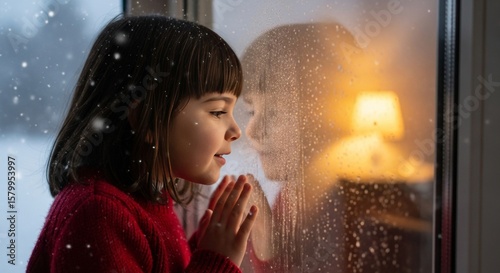 Young girl gazes through a snow-covered window, her reflection mirroring the warm glow inside.