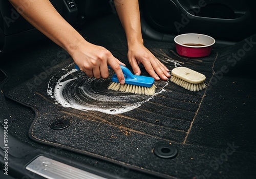 Close-up of a brush scrubbing soapy foam on a car floor mat during deep cleaning. Car detailing tools and cleaning solution are visible, highlighting interior auto care.