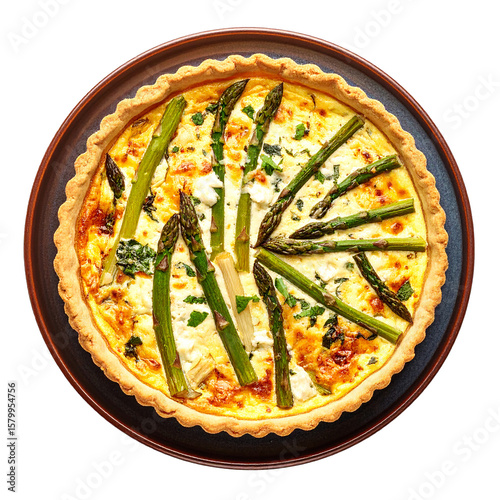 Homemade Asparagus Quiche on Artisan Pottery Plate
