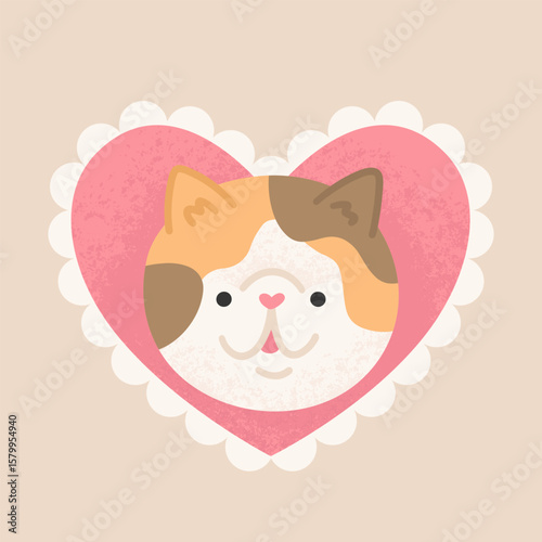 Vector illustration of сartoon cat in heart-shaped frame. Cute face of Exotic Shorthair kitten with pink heart. Flat style images for valentine's greeting cards. 