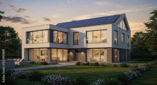 Modern house with solar panels at dusk