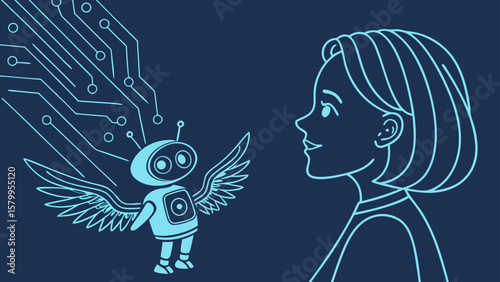 Digital Companions A Woman and Her Winged Robot in a Futuristic Interface