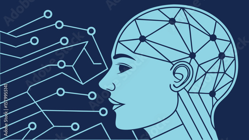 Futuristic Artificial Intelligence Abstract Wireframe Head and Neural Network Concept for Modern Technology