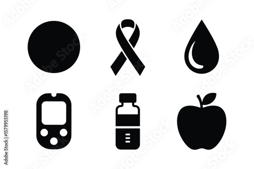 Black health awareness symbols including a blood drop ribbon and apple vector