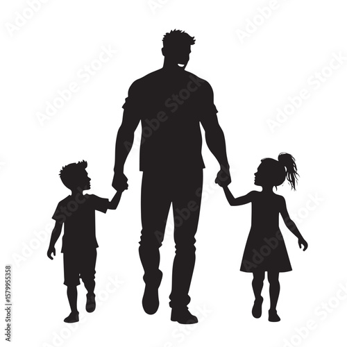 Black Silhouette Vector of Single Parent Walking with Two Children Holding Hands Representing Family Bond on White Background Full Ultra HD