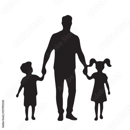 Black Silhouette Vector of Single Parent Walking with Two Children Holding Hands Representing Family Bond on White Background Full Ultra HD