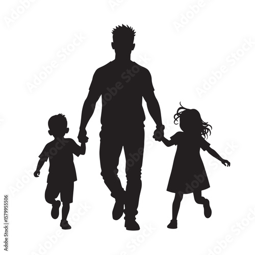 Black Silhouette Vector of Single Parent Walking with Two Children Holding Hands Representing Family Bond on White Background Full Ultra HD