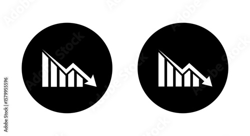Bar chart with downward arrow icon. Financial crisis concept. Economy downturn and loss symbol in black circle