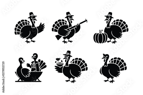 Pilgrim turkeys celebrating thanksgiving with music food and drink banjo