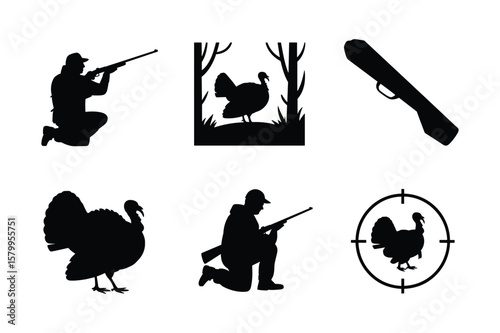 Hunter aiming rifle at turkey in forest silhouette gun case turkey silhouette hunter with rifle turkey in crosshairs