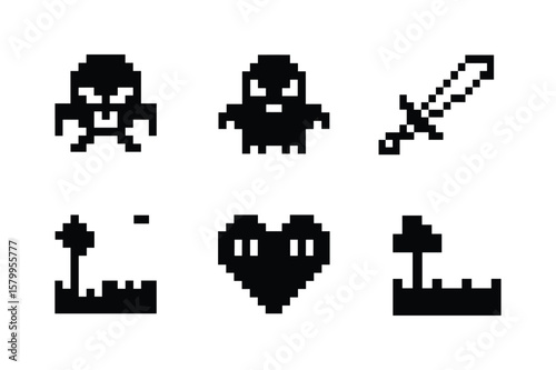 Pixelated monsters sword heart and landscape elements pixel art retro gaming