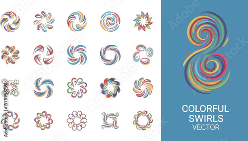 Vector art of a collection of colorful swirl designs showcases abstract spirals and vibrant patterns, perfect for adding a dynamic touch to any creative project