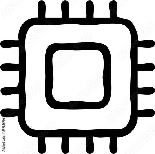 Hand-drawn illustration of a microchip, showcasing its square shape and central processing unit.