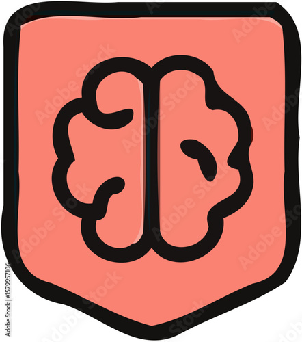 A simple, outlined illustration of a brain, set within a shield-shaped, peach-colored border.