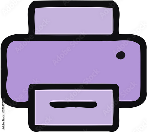Cartoon illustration of a purple printer, a device for document printing.