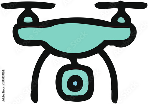 A hand-drawn illustration of a teal quadcopter drone with a camera.
