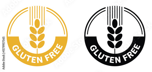 Gluten free vector diet stamp icon set. wheat product allergy yellow and black symbol collection.