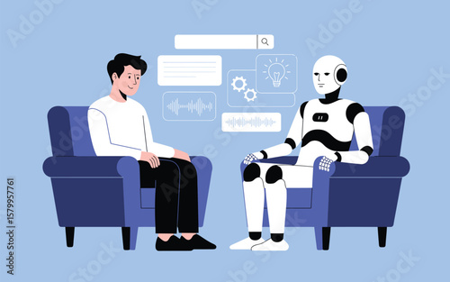 “Man and Robotic Humanoid Sitting Face‑to‑Face Exchanging Prompts and AI‑Generated Responses in Flat Style Illustration, Showcasing Human–Robot Conversation, Prompt Design and ai Interaction Concept”
