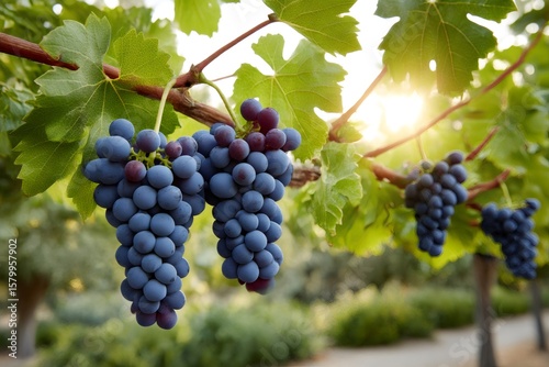 Wallpaper Mural Ripe red grapes hanging from vine in vineyard at sunset Torontodigital.ca