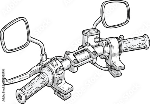 Detailed hand-drawn motorcycle handlebar illustration showcasing vehicle components and control elements