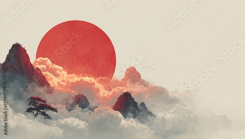 Abstract Ink Painting Red Sunset Mountains Cloudscape Birds cape Serene Tranquil Asian Inspired Art Minimalist Style Landscape