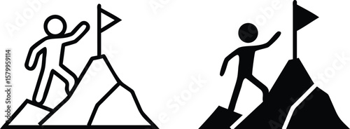 Mountain Summit Achievement Icon Vector – Black and White Success Flag Climbing Symbol Illustration