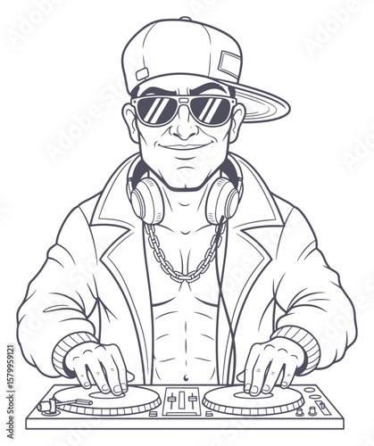 Cool DJ with Sunglasses and Turntable - Line Art Illustration