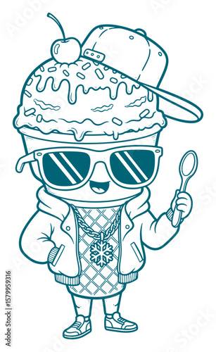 Cool Ice Cream Character with Accessories Line Art