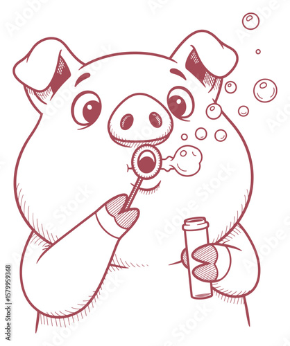 Adorable Line Art Illustration of a Pig Blowing Bubbles