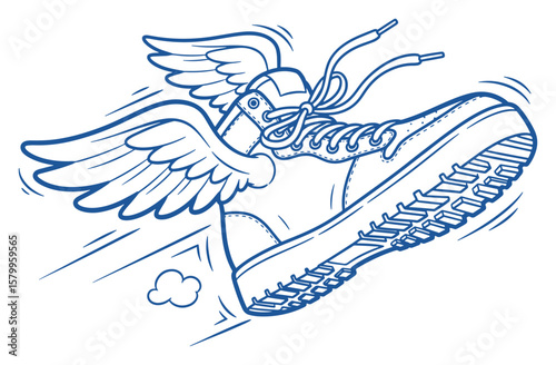 Winged Shoe Illustration in Blue Outline, Symbolizing Speed and Efficiency