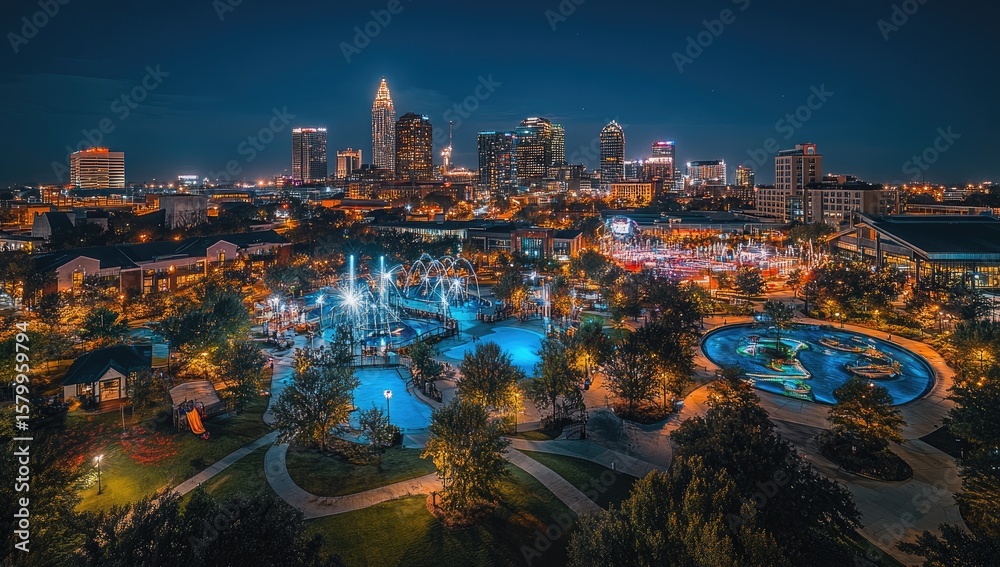 Fototapeta premium Night cityscape panorama, urban park, illuminated water features