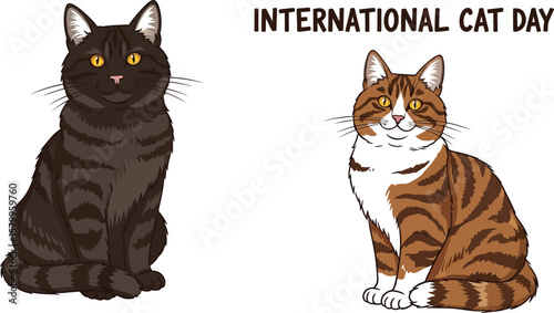 Vector art of two adorable cartoon cats, one black tabby and one orange tabby, are sitting for international cat day isolated on white background