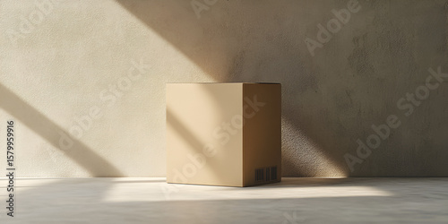 Cardboard Shipping Box in Sunlit Minimalist Room