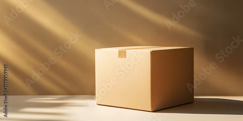 Cardboard Shipping Box in Sunlit Minimalist Room