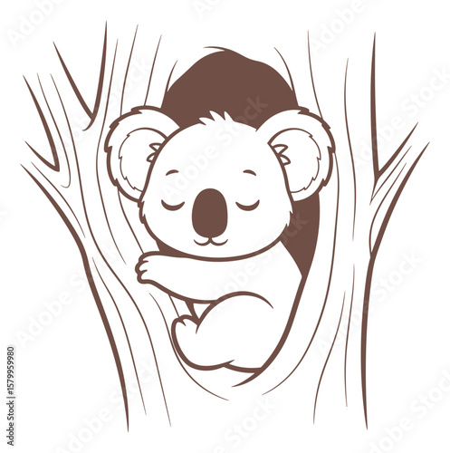 Cartoon Koala Sleeping in a Tree Hollow in Brown Outline