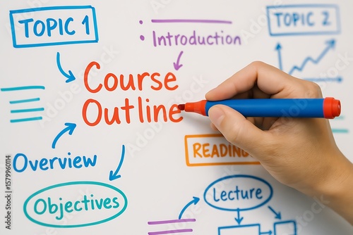 A hand meticulously crafts a visual course outline using colorful markers on a whiteboard surface
